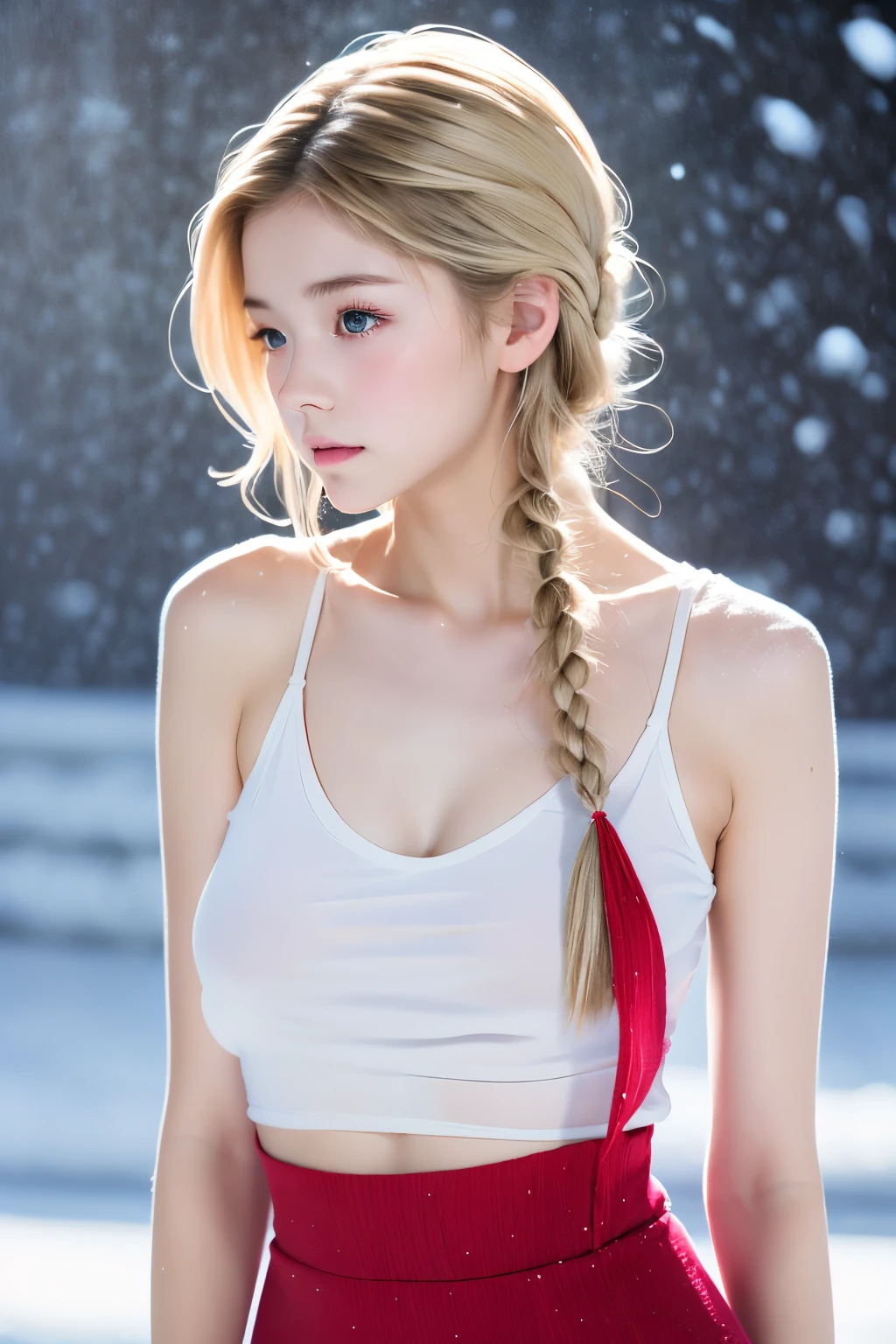 Realistic portraits、European young woman、Ash Blonde Girl、Loosely bundled braid、extremely realistic face、Ultimate Beauty、skinny  body、Snow-like skin、、Attractive butt、Awkward ass、(((White tank top and red T-back)))