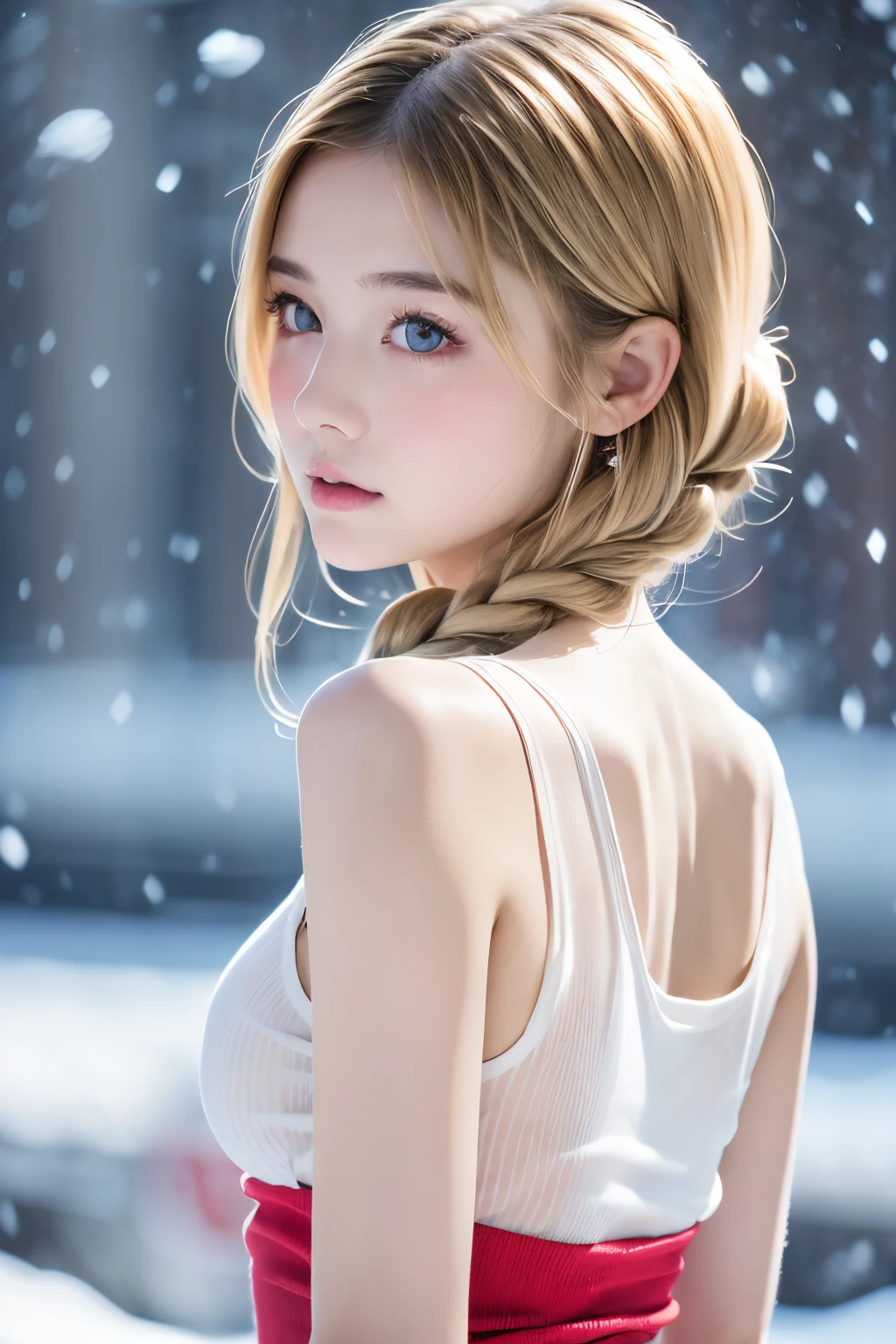 Realistic portraits、European young woman、Ash Blonde Girl、Loosely bundled braid、extremely realistic face、Ultimate Beauty、skinny  body、Snow-like skin、、Attractive butt、Awkward ass、(((White tank top and red T-back)))