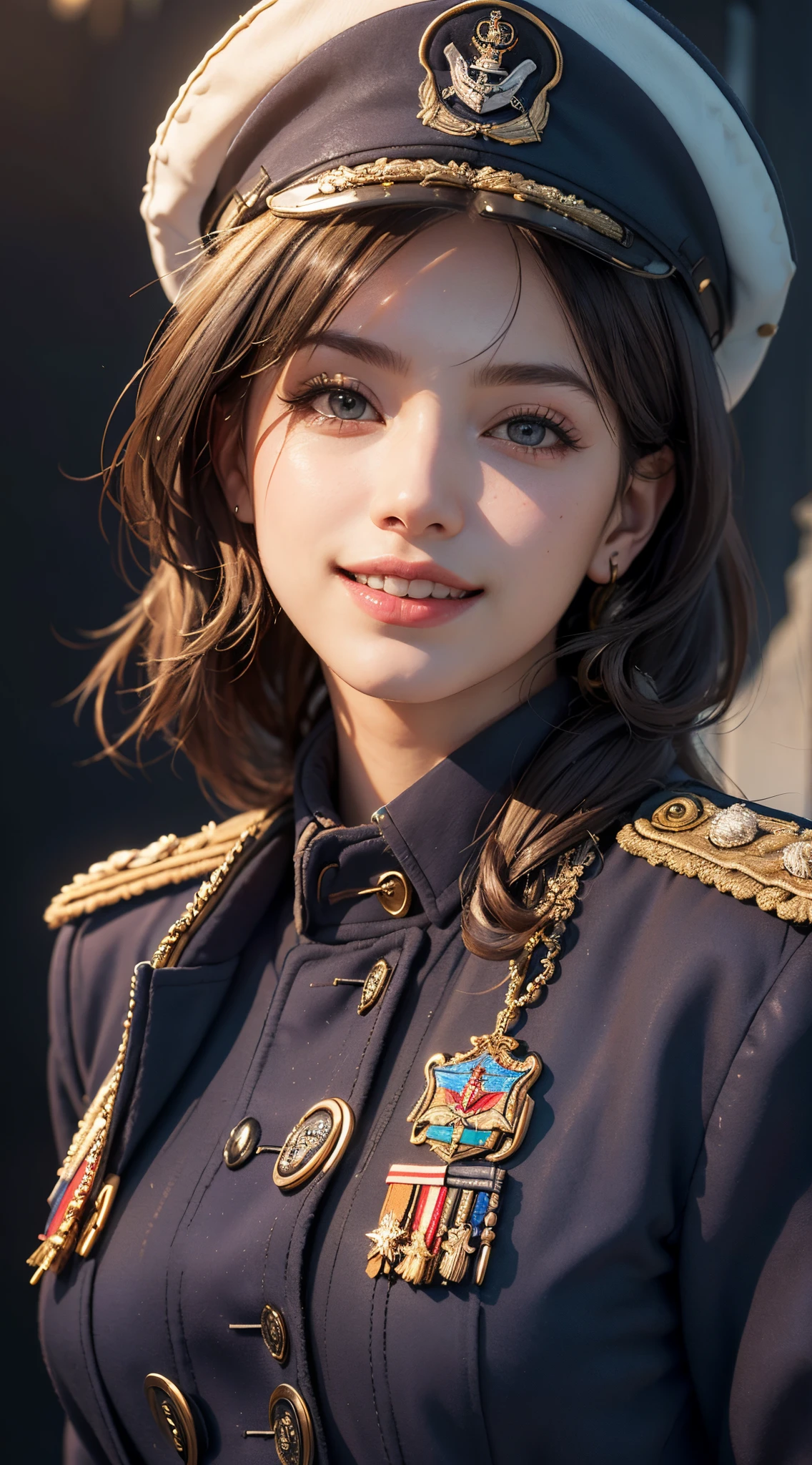 (best quality, 4k, 8k, high-res, masterpiece:1.2), ultra-detailed, (realistic, photorealistic, photo-realistic:1.37), (beautiful detailed eyes, beautiful detailed lips, extremely detailed eyes and face), studio lighting, physically-based rendering, vivid colors, (naval uniform coat, hat with brim, rank insignia:1.5), (portrait, smile and laugh, shiny hair, shiny skin), (blurred background:1.37),