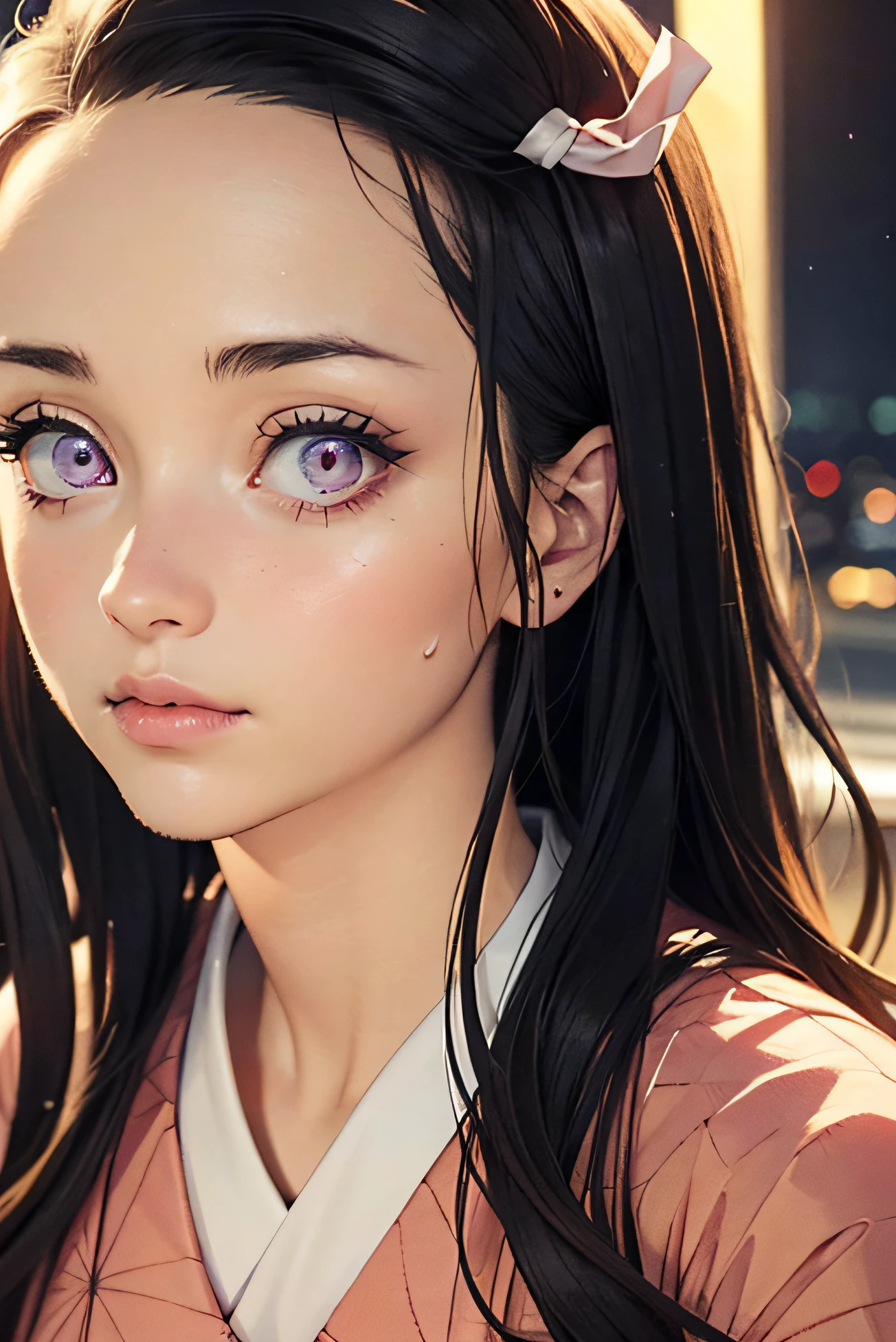 (Ultra Real), (Illustration), (High Resolution), (8K), (Very Detailed), (Best Illustration), (Beautiful Detailed Eyes), (Best Quality), (Ultra Detailed), (Masterpiece), (Wallpaper), (Detailed Face), Night Up Upper Body, Ice Cream,Long Hair,Solo,Simple Kimono Top Girl, Sweaty, Japan Person, Big Tits, (Camel Toe) Nezuko Kamado,