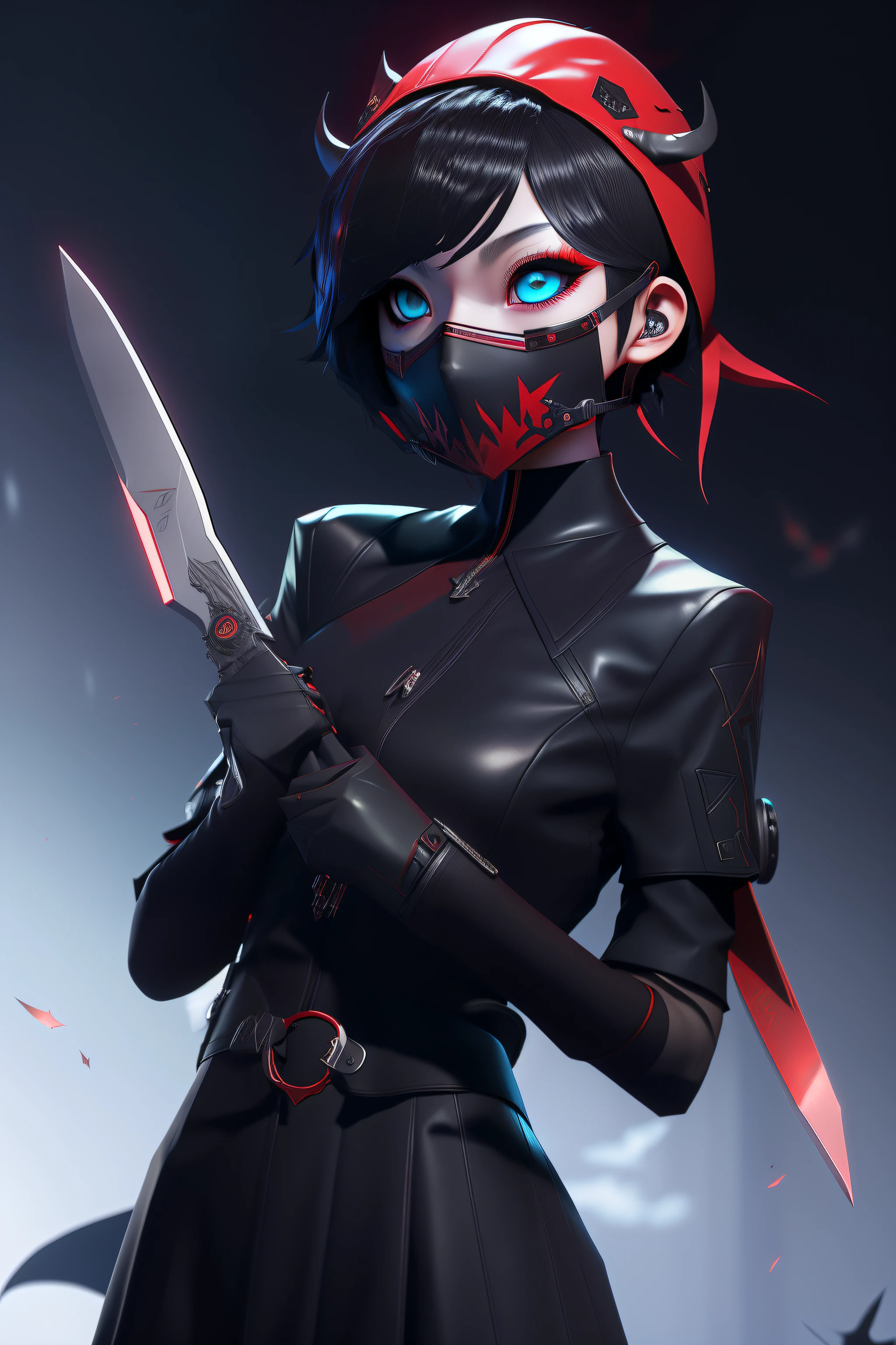 Anime-Mädchen mit roter Teufelsmaske, das eine Schere hält, Jet von Valorant, Badass-Anime 8 K, Stilisierter Anime, Artgerm and Atey Ghailan, Omen von Valorant, ein nervöser jugendlicher Mörder, Wojtechfors, Persona 5 Kunststil, wlop, Gothic-Ninja, 3D-Rendering von Charakterkunst 8K, Assassine