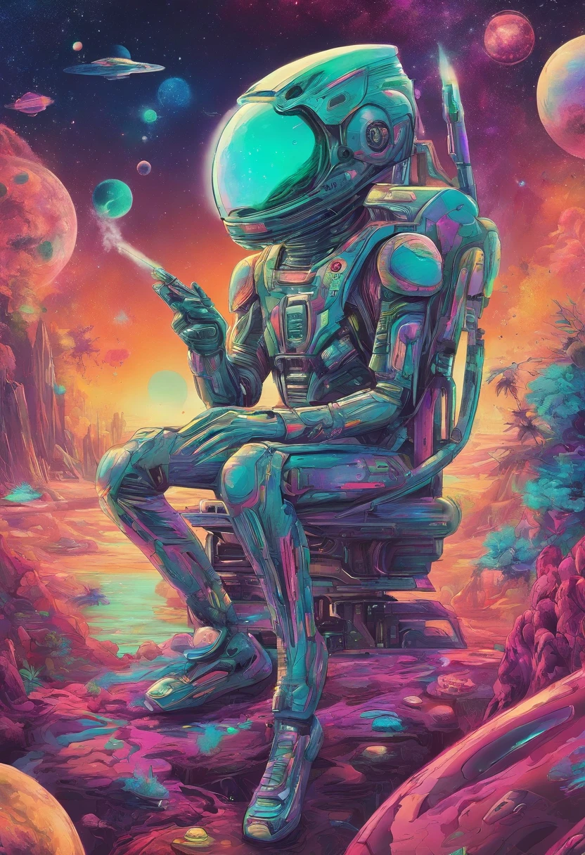 Create alien in space smoking joint, weed, drugs, colorful - SeaArt AI