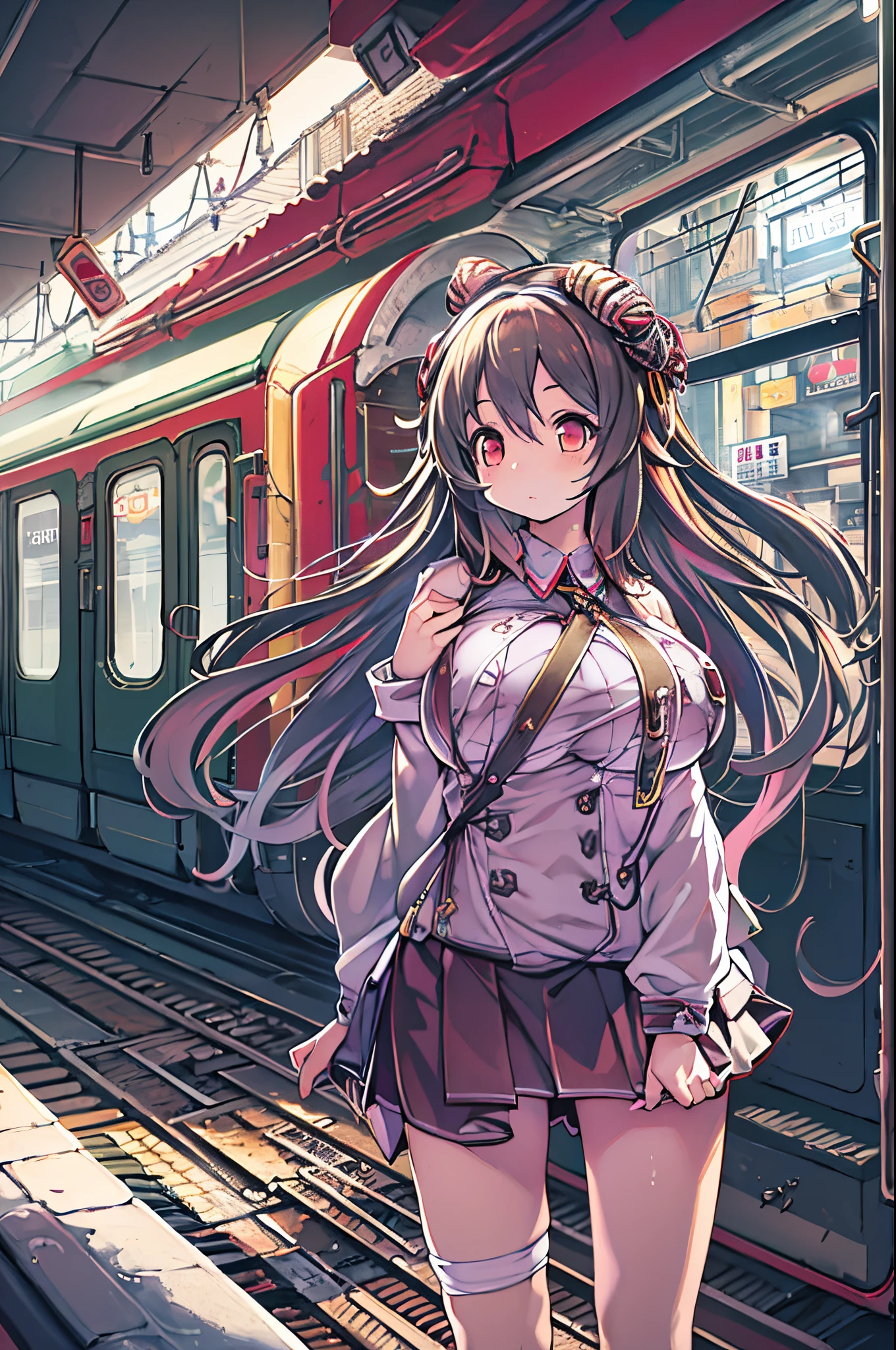 Anime Girl, Long hair, Beautiful clothes, 4K clarity, CG Station Pop, Station、railway、train, Seductive Girl, Attractive, Anime style, 8K, beautiful anime woman, Girl Front.