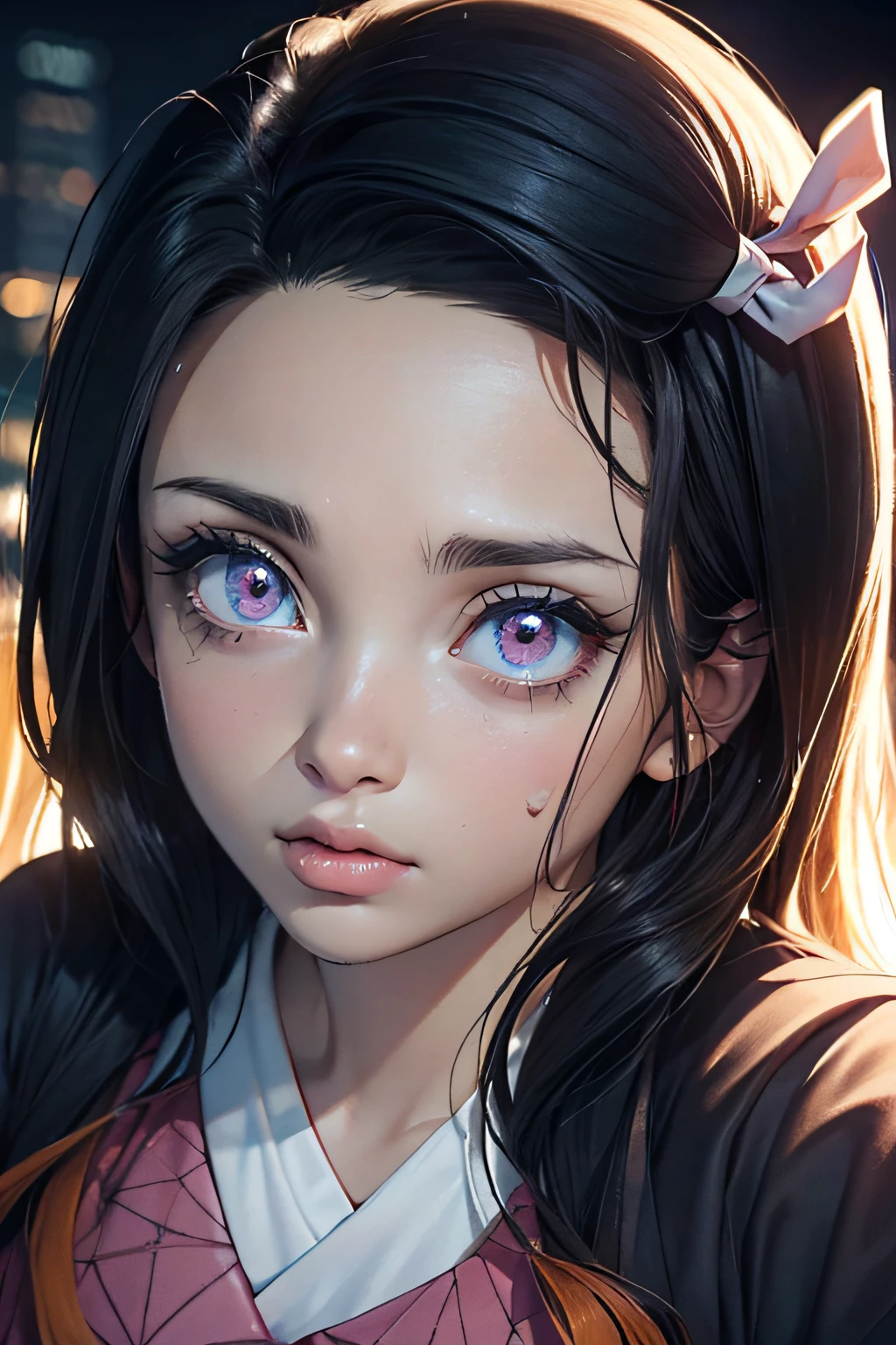 (Ultra Real), (Illustration), (High Resolution), (8K), (Very Detailed), (Best Illustration), (Beautiful Detailed Eyes), (Best Quality), (Ultra Detailed), (Masterpiece), (Wallpaper), (Detailed Face), Night Up Upper Body, Ice Cream,Long Hair,Solo,Simple Kimono Top Girl, Sweaty, Japan Person, Big Tits, (fire) Nezuko Kamado,