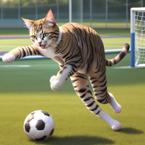 サッカーボールを蹴るためにジャンプしている猫がいます - SeaArt AI