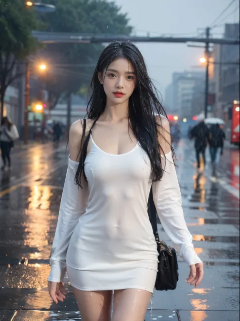 (1girl, ),looking at viewer, (colorful) long hair, picture-perfect face,flowing hair,(photostudio),constructivist style,(masterpiece, top) professional quality artwork, famous artwork,HDR,UHD,8K,(Long legs)(In the street:1.5),(Rainy day) (drenched:1.5)(mis...