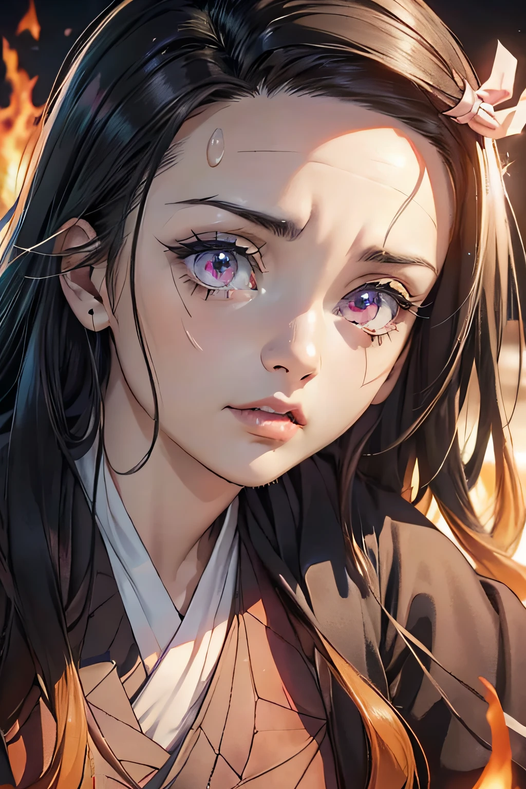 (Ultra Real), (Illustration), (High Resolution), (8K), (Very Detailed), (Best Illustration), (Beautiful Detailed Eyes), (Best Quality), (Ultra Detailed), (Masterpiece), (Wallpaper), (Detailed Face), Night Up Upper Body, Ice Cream,Long Hair,Solo,Simple Kimono Top Girl, Sweaty, Japan Person, Big Tits, (fire) Nezuko Kamado,