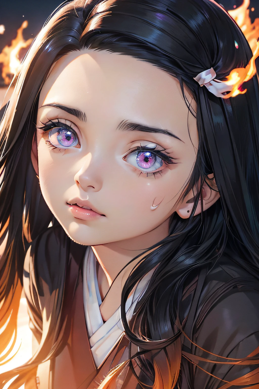 (Ultra Real), (Illustration), (High Resolution), (8K), (Very Detailed), (Best Illustration), (Beautiful Detailed Eyes), (Best Quality), (Ultra Detailed), (Masterpiece), (Wallpaper), (Detailed Face), Night Up Upper Body, Ice Cream,Long Hair,Solo,Simple Kimono Top Girl, Sweaty, Japan Person, Big Tits, (fire) Nezuko Kamado,