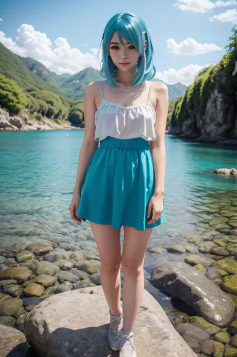 anime girl with blue hair standing on a rock by the water, anime girl with teal hair, anime style mixed with fujifilm, beautiful...