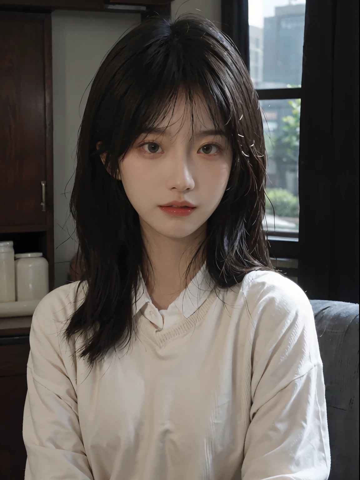 8k hdr photorealistic of a 10yo japanese girl, wite pale skin, (freckles),  bangs, ((cute face)), (innocent look), skinny, short, in a (black  turtleneck) on Craiyon