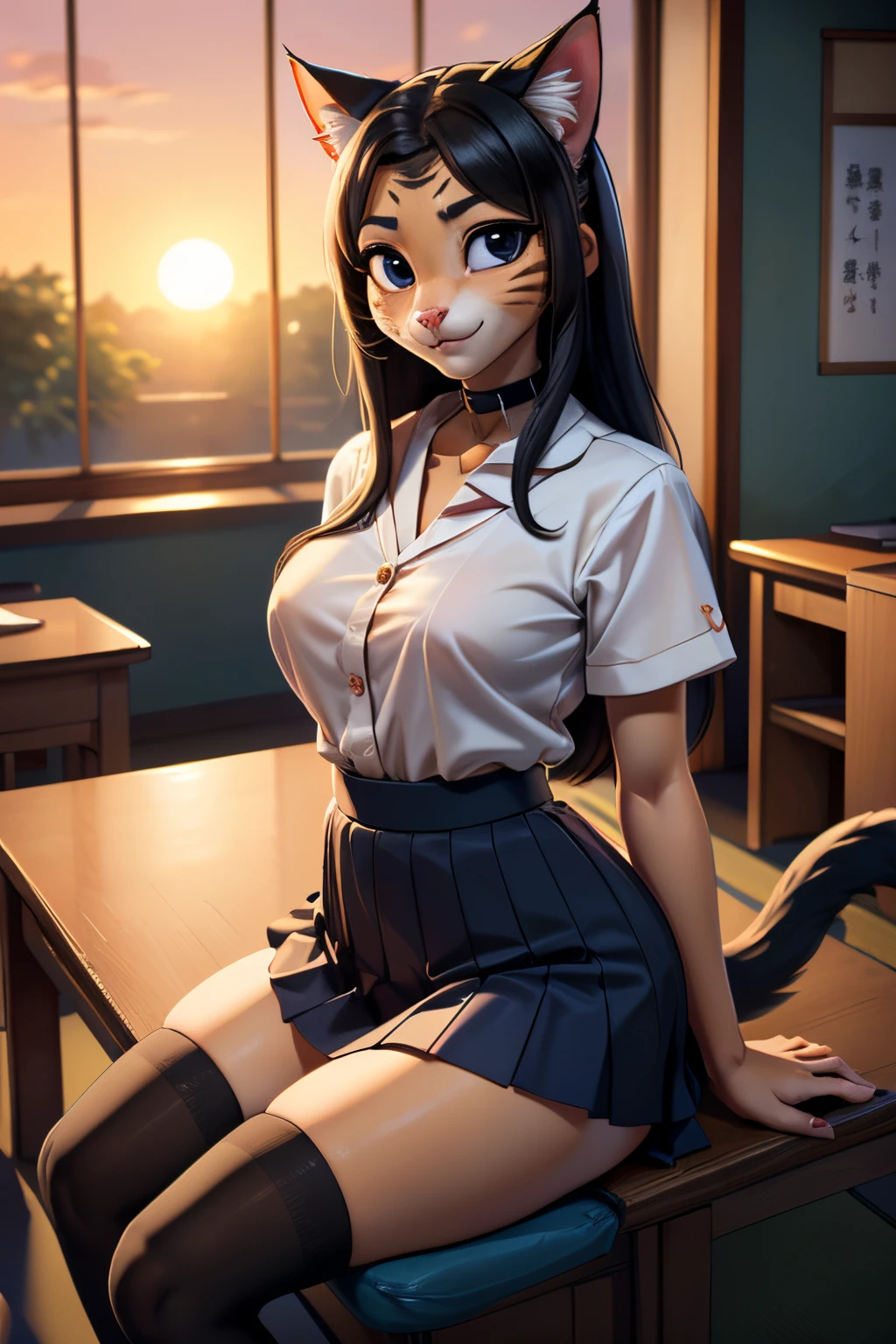 ((ultra quality)), ((tmasterpiece)), Girl-khajiit, Japanese school girl, anthro cat, furry, ((Black long hair)), ((there are only cat ears)), ((There is a cat's long tail in the back)), Beautiful cute face, beautiful female lips, charming beauty, ((Kind expression on his face)), looks at the camera with his eyes slightly closed, ((Skin color: white)), ((there is cat hair on the body)), Body glare, ((detailed beautiful female eyes)), ((kblack eyes)), beautiful female hands, ((perfect female figure)), ideal female body shapes, Beautiful waist, big thighs, Beautiful butt, ((Subtle and beautiful)), standing seductively by the window ((bottom perspective close up)), ((Dressed in Japanese , dark blue skirt, dark blue knee socks, brown shoes, black choker around the neck), background: The Japanese School, Japanese School Class, beautiful sunset outside, ((Depth of field)), ((high quality clear image)), ((crisp details)), ((higly detailed)), Realistic, Professional Photo Session, ((Clear Focus)), ((cartoon)), the anime, NSFW