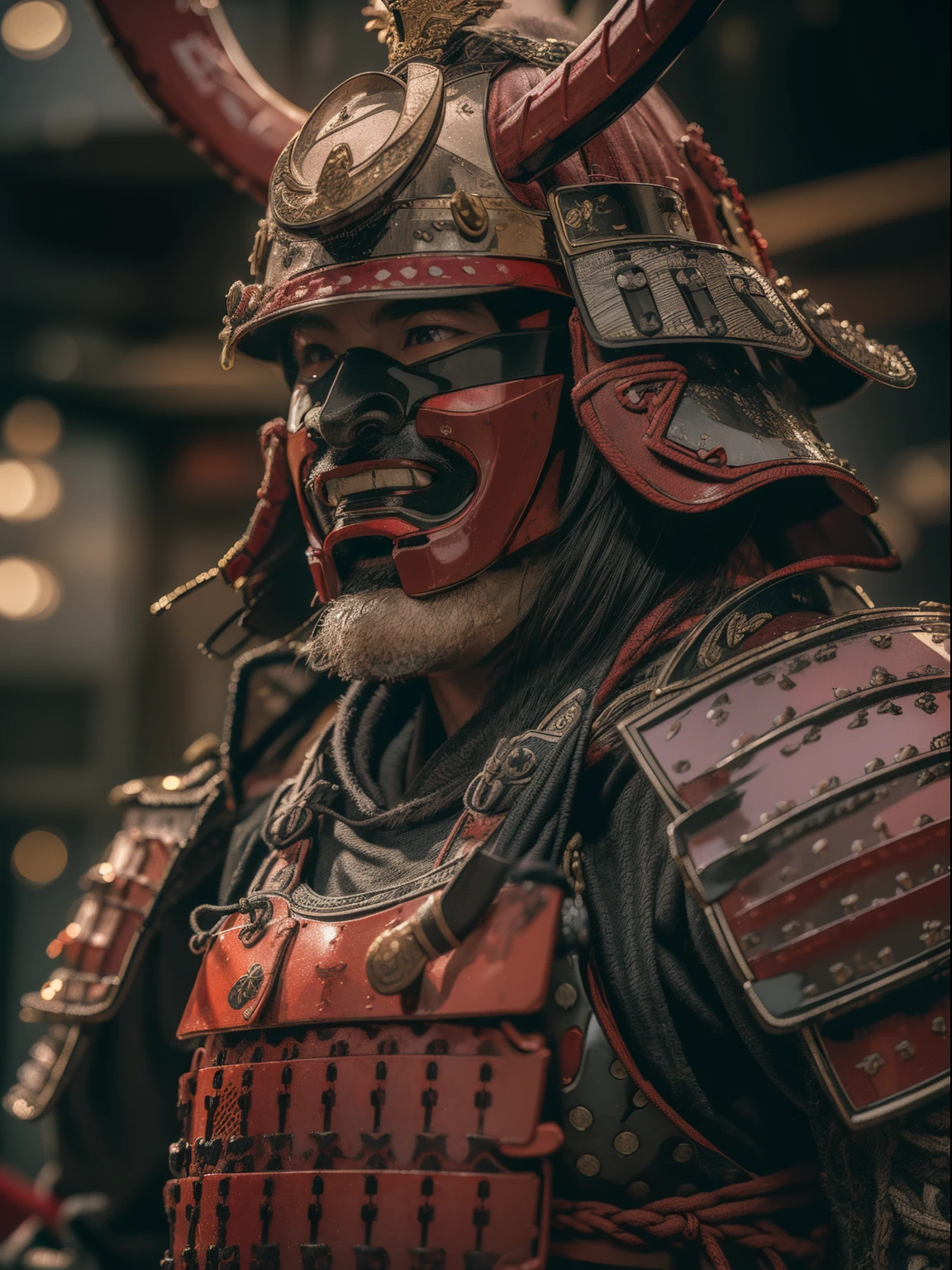 (Obra de arte, resolução ultra-alta:1.4), (Foto de um Samurai Daimyo Sengoku marcando uma katana com cuirass e capacete:1.3), katana em ambas as mãos, rosto altamente detalhado, (Herança japonesa Samurai Armor e Leme), (estatura alta e corpo musculoso:1.4), (Câmera Sony Alpha 1, Famoso por capturar o mais alto nível de detalhes em uma foto:1.3), (O rosto do samurai com simetria perfeita e características impecáveis:1.2), (Armadura e capacete preto e vermelho:1.3), (permanecendo com uma presença dominante em meio ao campo de batalha:1.1), ênfase da armadura daimyo, Cinematic, hiper-detalhado, detalhes insanos, lindamente colorido, motor irreal, DOF, Super-resolução, Megapixels, Relâmpago Cinematográfico, Anti-aliasing, FKA, TAILANDÊS, RTX, SSAO, Pós-processamento, Pós-produção, mapeamento de tons, cgi, Efeitos visuais, efeitos sonoros, incrivelmente detalhado e intrincado, hiper maximalista, hiper-realista, Volumétrico, fotorrealista, ultra fotorreal, ultra-detalhado, Detalhes intrincados, 8K, Super detalhado, cor cheia, Volumétrico lightning, hdr, realista, motor irreal, 16K, foco nitído, renderização de octanagem