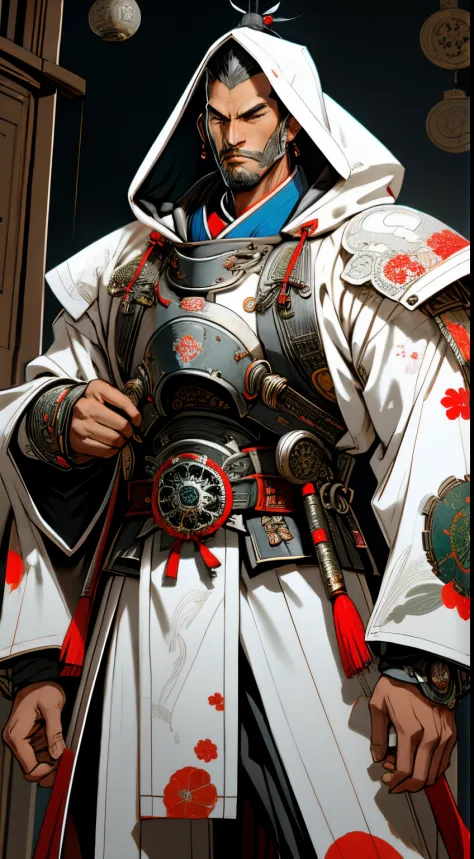 a futuristic samurai knight in white armor and oriental fabric clothing, hood and gears