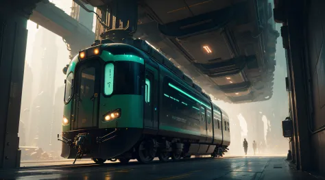 Futuristic train travels through a tunnel, the train moves towards the viewer and to the left , image in style &quot;Matrix&quot;, image of fluorescent green letters, cascading, in the style of cinema "Matrix", (((Intricate train exterior details))) , clea...