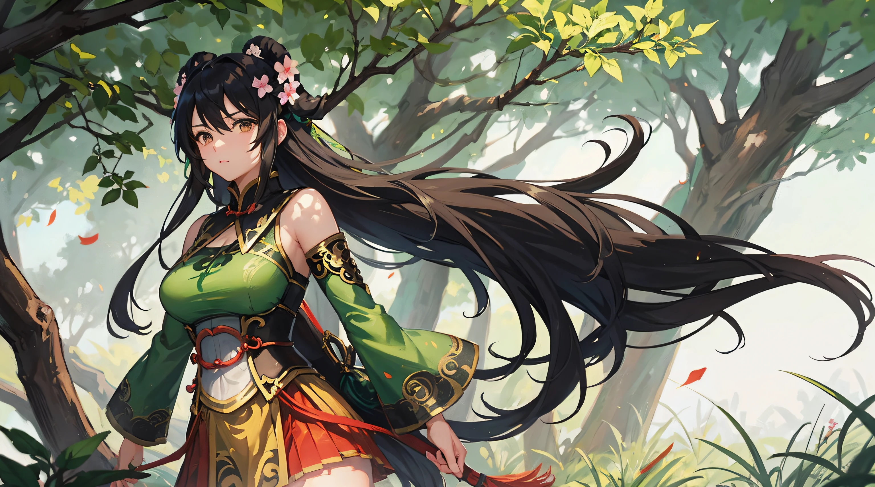 Guan yinping, fighting stance, serious, huge breasts, black hair, brown eyes, hair ornament, hair flower, green top, looking at viewer, forest, half body, holding card, long black socks, standing, upper body,