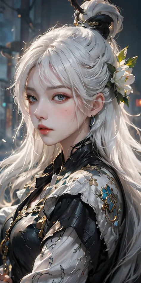 a close up of a woman with white hair and a white mask, beautiful character painting, guweiz, artwork in the style of guweiz, wh...