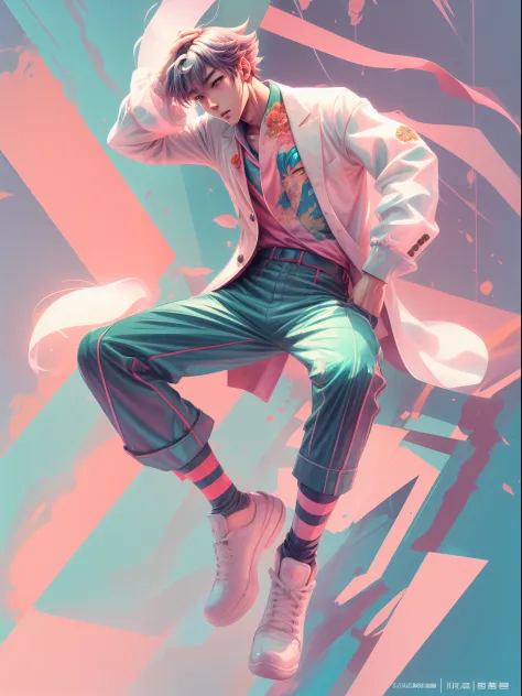 a man, in a dynamic pose wearing an expensive and fashionable outfit, designed by Gucci::3, tumblr, inspired by Yanjun Cheng sty...