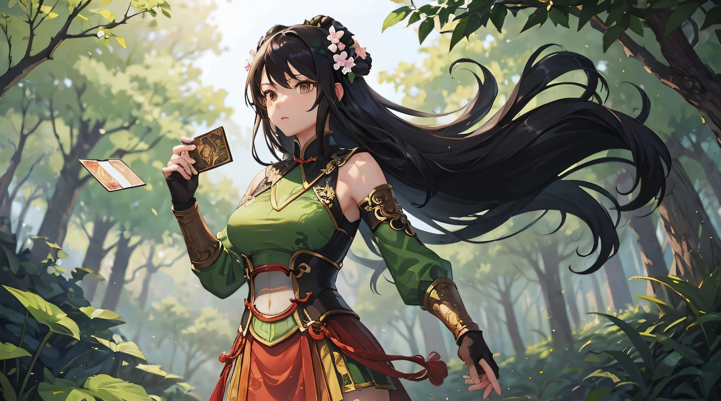 Guan yinping, fighting stance, serious, huge breasts, black hair, brown eyes, hair ornament, hair flower, green top, looking at viewer, forest, half body, holding card, long black socks, standing, upper body,