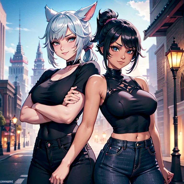 1girl, Miqo'te Final Fantasy 14, wears Black jeans and a black top,, Samourai Sword, Crossing arms, Black hair with Pink highlights, Cyan eyes, Ponytail, Black skin tone, in a casino, Portrait, smiling face, tribal mark, outdoor scene,