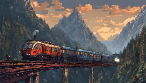 (train:1.5), (train theme:1.5),(pixel art:1.5), (fantasy:1.5), (sci-fi:1.5), (imaginary train:1.5), (Train Guns:1.5),(80cm train...
