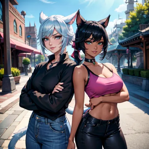 1girl, miqo'te final fantasy 14, wears black jeans, a black top, crossing arms, black hair with pink highlights, cyan eyes, pony...