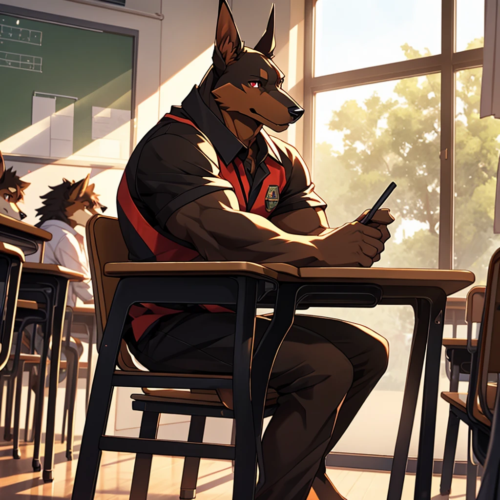 Sunlight, summer, (classroom, school), window, table, chair, full_body, Kemono, (light brown and dark brown color combinations fur, dark, brown snout, doberman ear, doberman) anatomically correct , male, furry, (muscular body), school unifrom, mischievous look, soft pawpads, 3_toes (sitting_on_chair), bright | red pupils, elegant look, serious | detailed face, facing_viewer (high_quality, best_quality:1.2), (detailed_background:1.3), (detailed_fur:1.3), (Highly_detailed:1.2),(absurd_res:1.1) uploaded_on_e621, ambient_sun_light, reality_ray_tracing, solo, (front_view),  [light brown And brown_fur], anatomically correct,