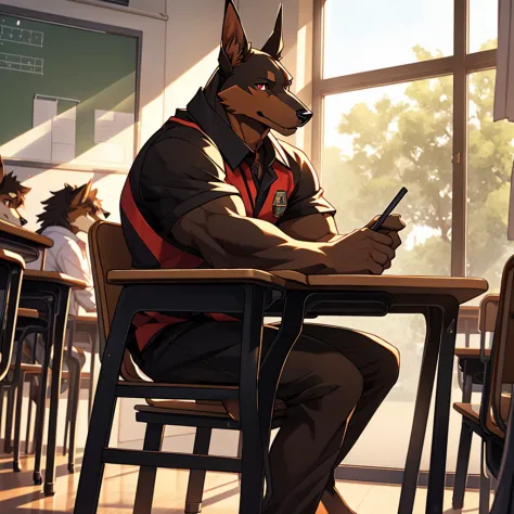 Sunlight, summer, (classroom, school), window, table, chair, full_body, Kemono, (light brown and dark brown color combinations f...