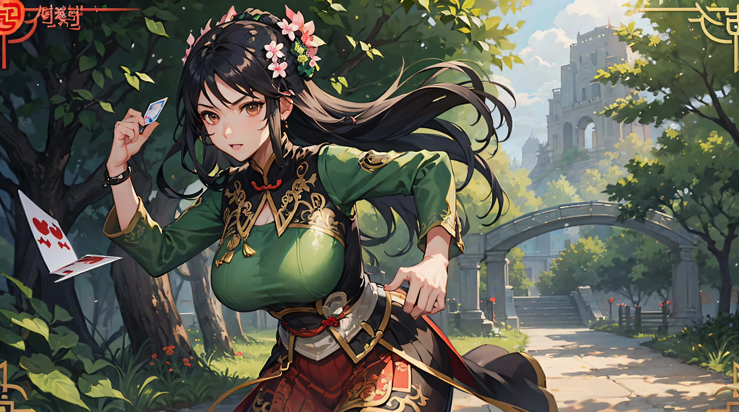 Guan yinping, fighting stance, serious, huge breasts, black hair, brown eyes, hair ornament, hair flower, green top, looking at viewer, forest, half body, holding card, long black socks, standing, upper body, gigantic breasts