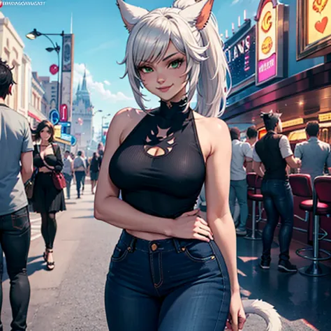 1girl, miqo'te final fantasy 14, wears black jeans, a black top, crossing arms, black hair , green eyes, ponytail, black skin to...