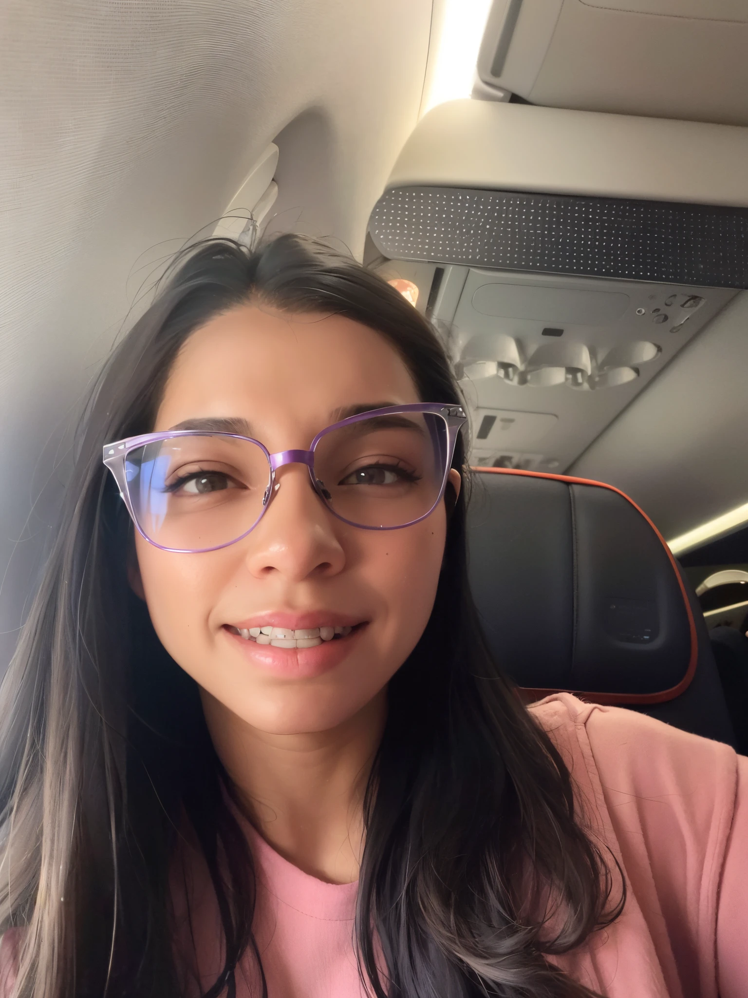 Arafed woman wearing glasses and a pink shirt sitting in a plane - SeaArt AI