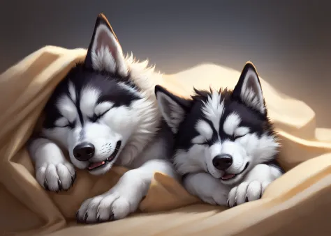 fantasy  head shot of adorable (fluffy, feral husky, goofy), (detailed  face, closed eyes ), (solo focus:1.2), sleeping, lying o...