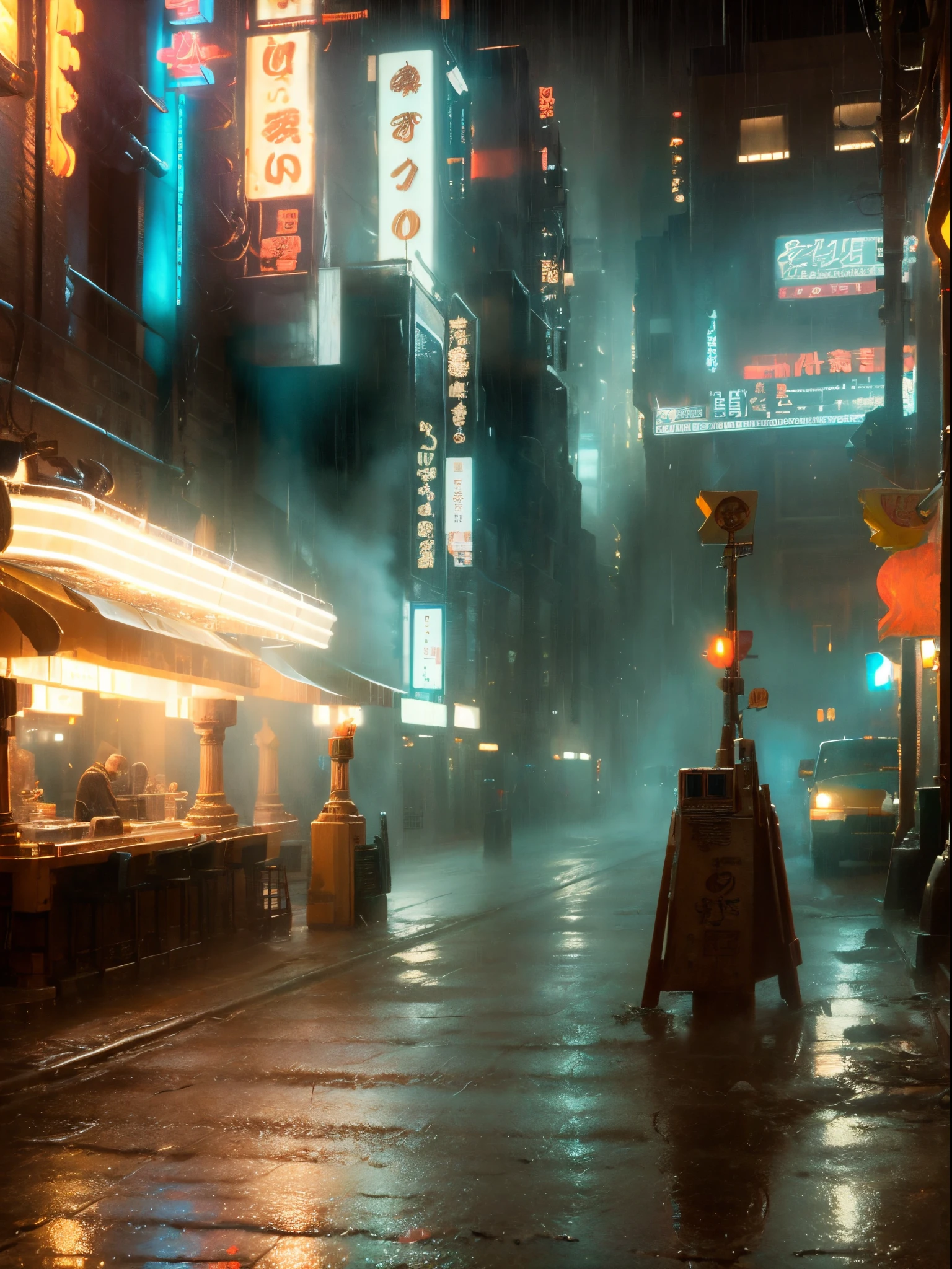 ((Best quality)), ((masterpiece)), (highly detailed:1.3), cyberpunk noodle bar at night in the rain,city, cinematic, inspired by bladerunner, inspired by syd mead,HDR (High Dynamic Range),,Ray Tracing,NVIDIA RTX,Super-Resolution,Unreal 5,Subsurface scattering,PBR Texturing,Post-processing,Anisotropic Filtering,Depth-of-field,Maximum clarity and sharpness,Multi-layered textures,Albedo and Specular maps,Surface shading,Accurate simulation of light-material interaction,Perfect proportions,Octane Render,Two-tone lighting,Low ISO,White balance,Rule of thirds,Wide aperature,8K RAW,Efficient Sub-Pixel,sub-pixel convolution,light scattering,Tyndall effect,