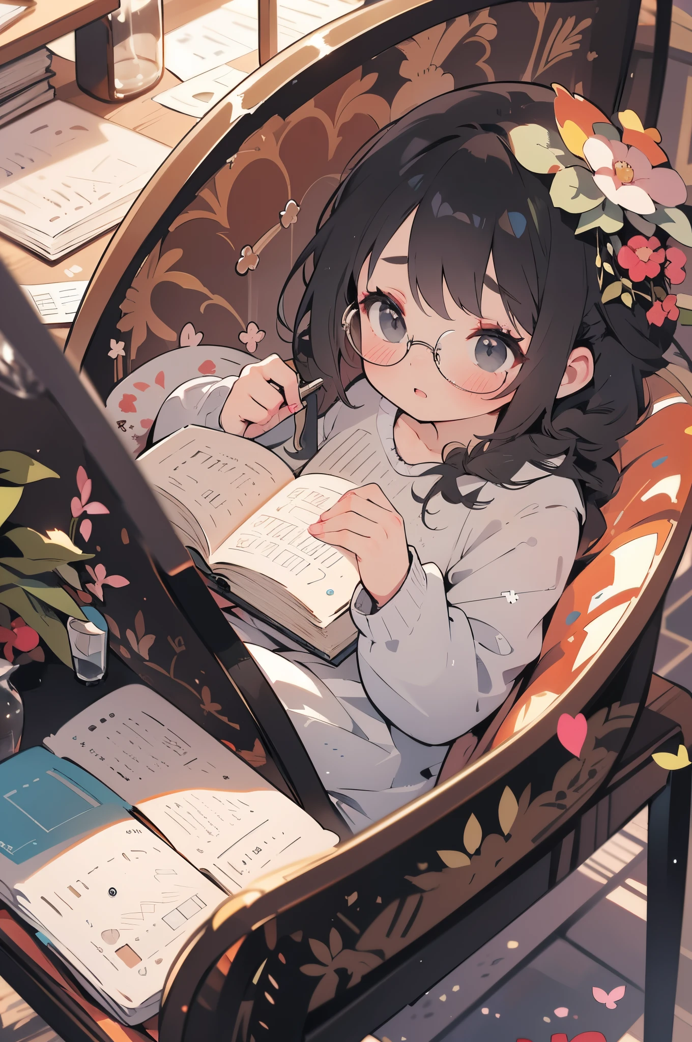 Angle seen from above,Under a clear sky、A girl reading a book quietly with her head down,Spread out a thick book,Look down,Black eyes,Delicate Makeup,.Large round glasses,Braid style,Sitting in a chair