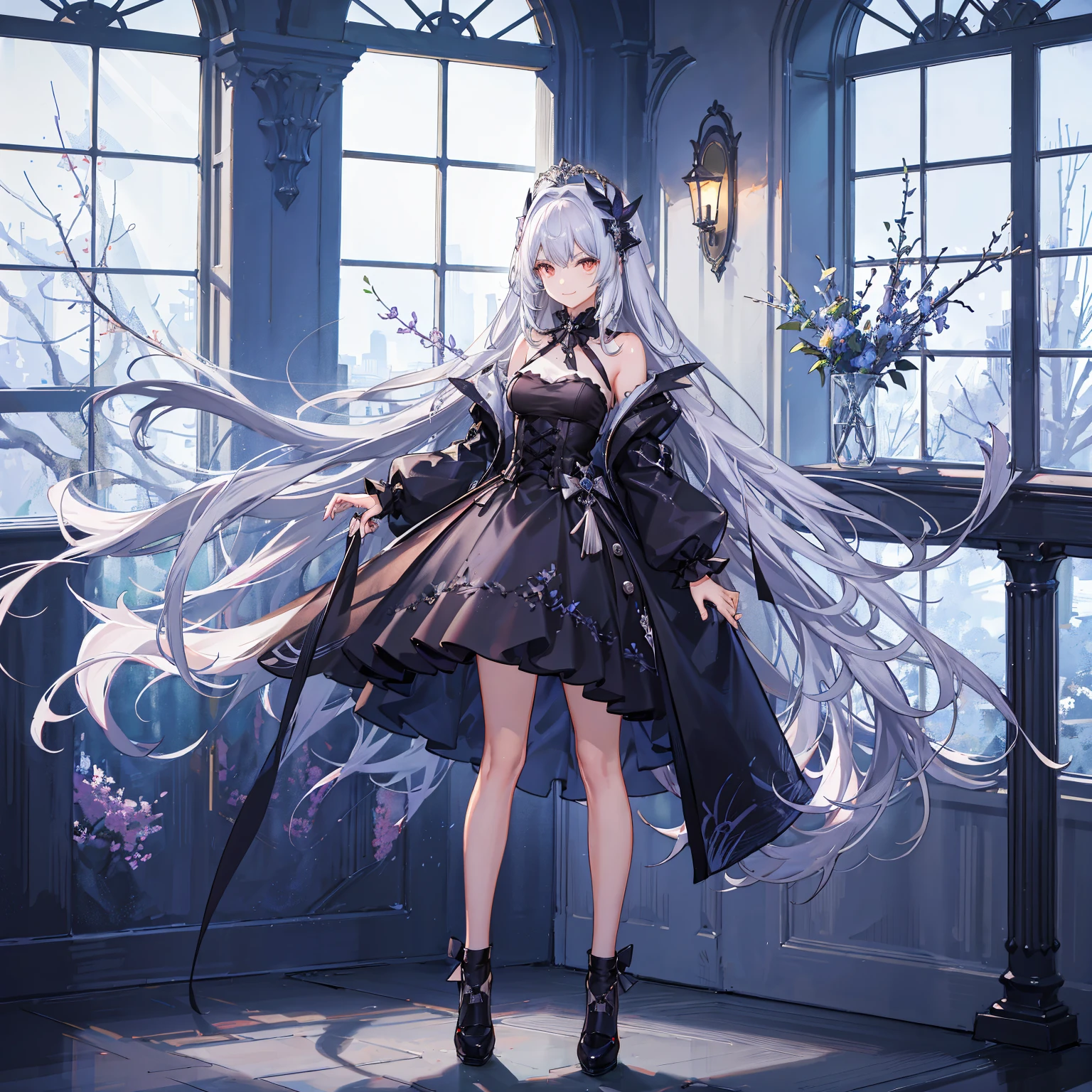 Heterochromic pupils，Silver hair mixed with black hair，teens girl，Wearing a gothic style skirt，With a smile，sittinng on the desk，Next to it is the window，Room brightness is too dark，Slightly girly style，Picture quality HD，Illustration level，Ultra high quality，with a halo on his head，Leaning against the window，red bow，Beautiful and delicate eyes，Dappled light and shadow，long whitr hair，Gradient hair，Dull hair，long whitr hair，rays of moonlight，loft，Red left eye，The right eye is blue，8k,Wallpapers
