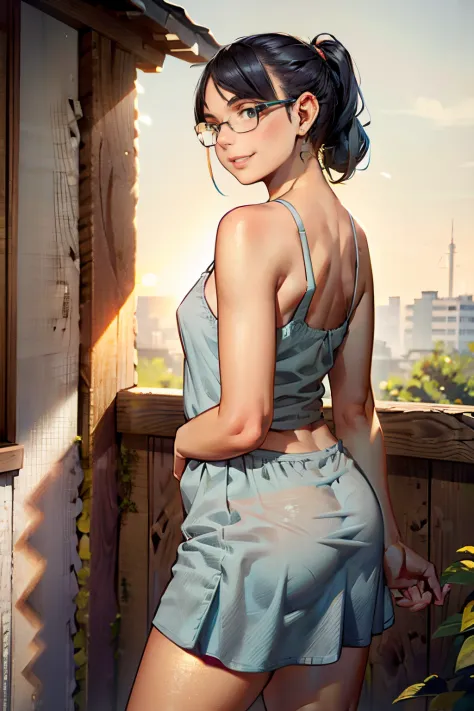 1girl, masterpiece, ((skinny girl, skinny arms)), ((small breasts)), best quality, realistic face, black and blue hair with bangs and ponytail, large glasses, , , , green eyes, nose ring, chubby cheeks, long nose, low nose, high lips, dark eyebrows, ((trad...