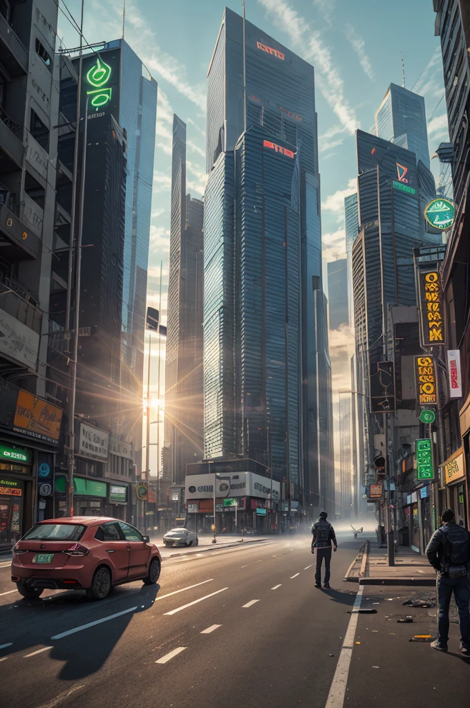 Young, broken and sad adult man, futuristic city, dirty street with paper on the floor, other robots in the background, cars, green and blue neon lights, sunrise, cold, fog