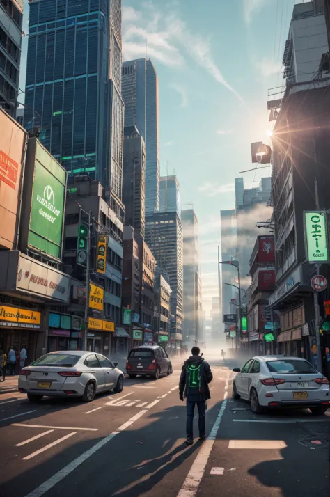 young, broken and sad adult man, futuristic city, dirty street with paper on the floor, other robots in the background, cars, gr...