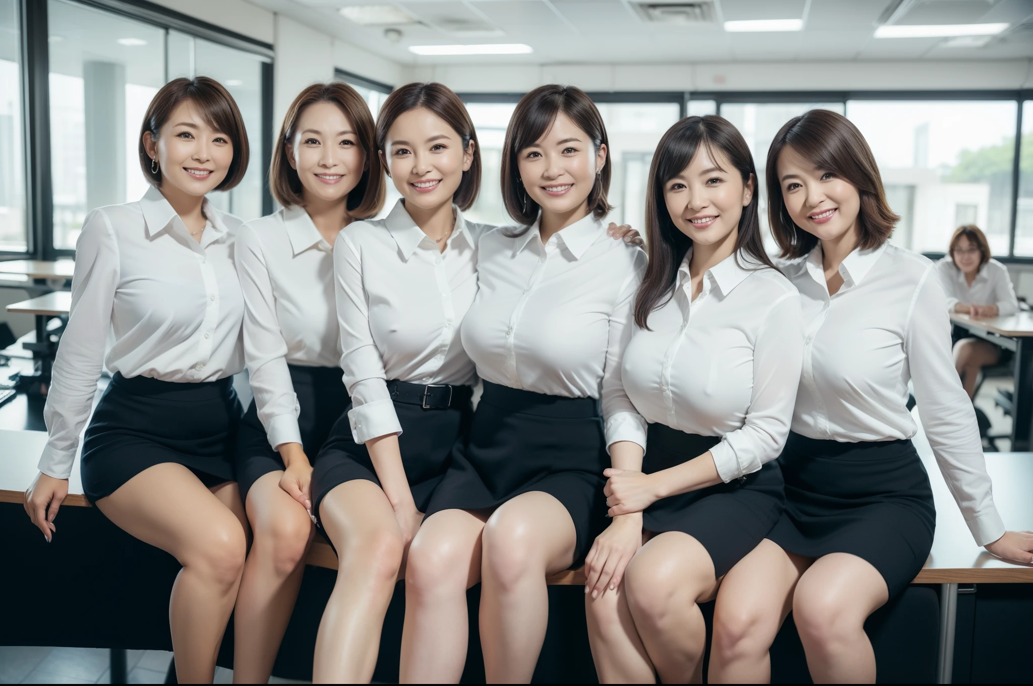 ((Best Quality, 8k, Masterpiecedetails, ultra-high resolution)), (group picture), (looking at the viewer), (fmiddle shot:), attractive business 5 milfs, 5 people, a bit chubby:0.25, white collared shirt, grey skirt, (sitting with cross legs on office desks)), smile, office of CEO,