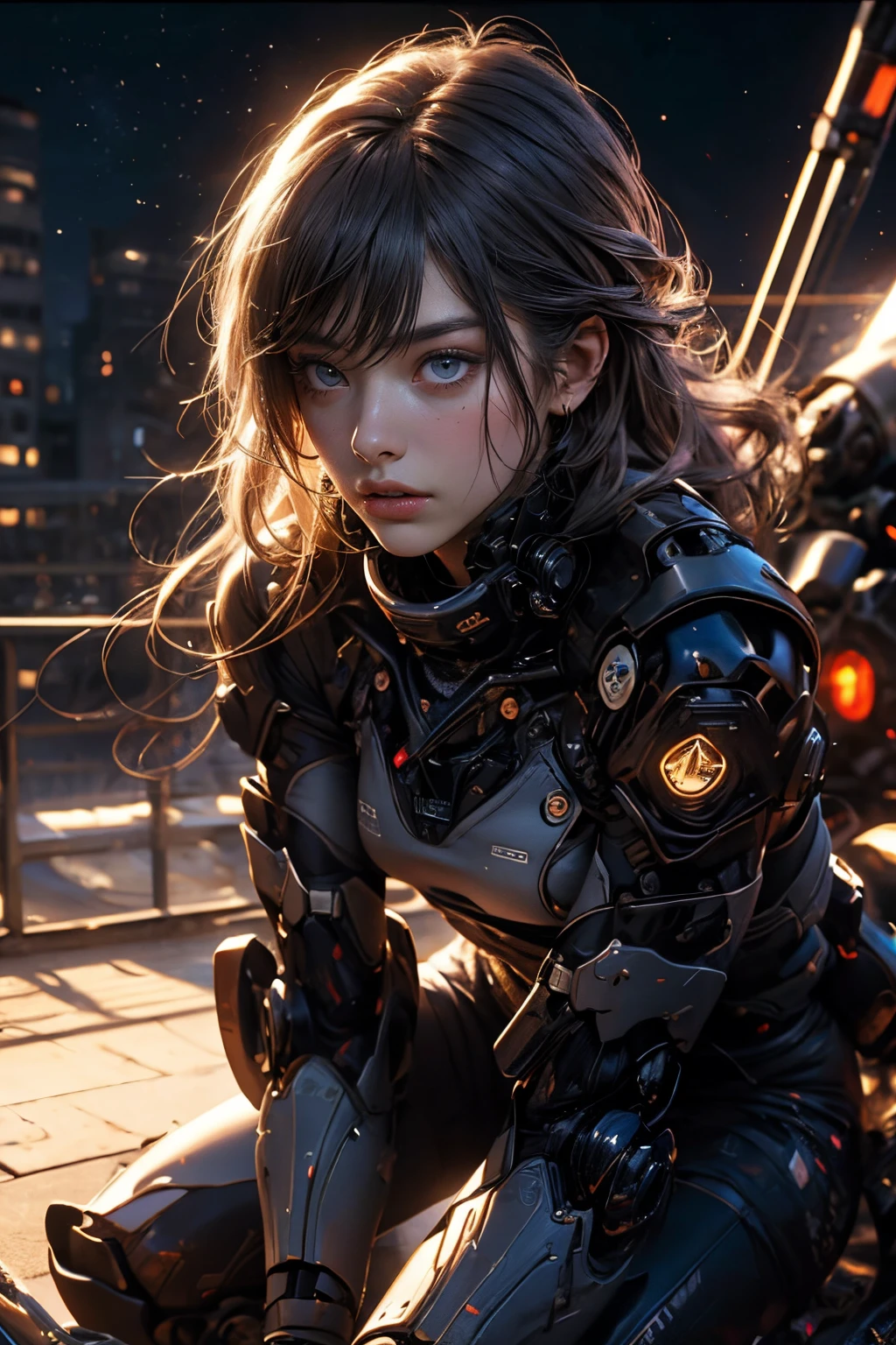 CG Mecha, Beautiful eyes, Upper body, Mechanic Armor, Portrait,jet suit、flying though the air、patrol、 police officers、flawless、Neon light, 8K, raw, Best Quality, masutepiece, 超A high resolution, Colorful, (medium wide shot), (Dynamic perspective), foco nítido , (depth of fields, Bokeh:1.3), extremely detailed eye and face,ninjartist, Beautiful detailed eyes、Black gold, Trimmed gear:1.2), ((masutepiece, Best Quality)), Detailed background, Inside the spacecraft、Hold your weapon、（Gray hair）、brue eyes、poneyTail、dirty、bio luminescent、fullmoon、Photographed with Canon R5、Get down on one knee、Dark Fantasy,​masterpiece,