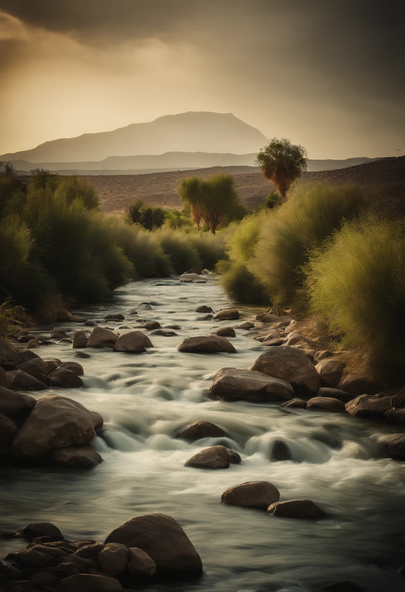 A close up of a river with rocks and grass in the foreground - SeaArt AI