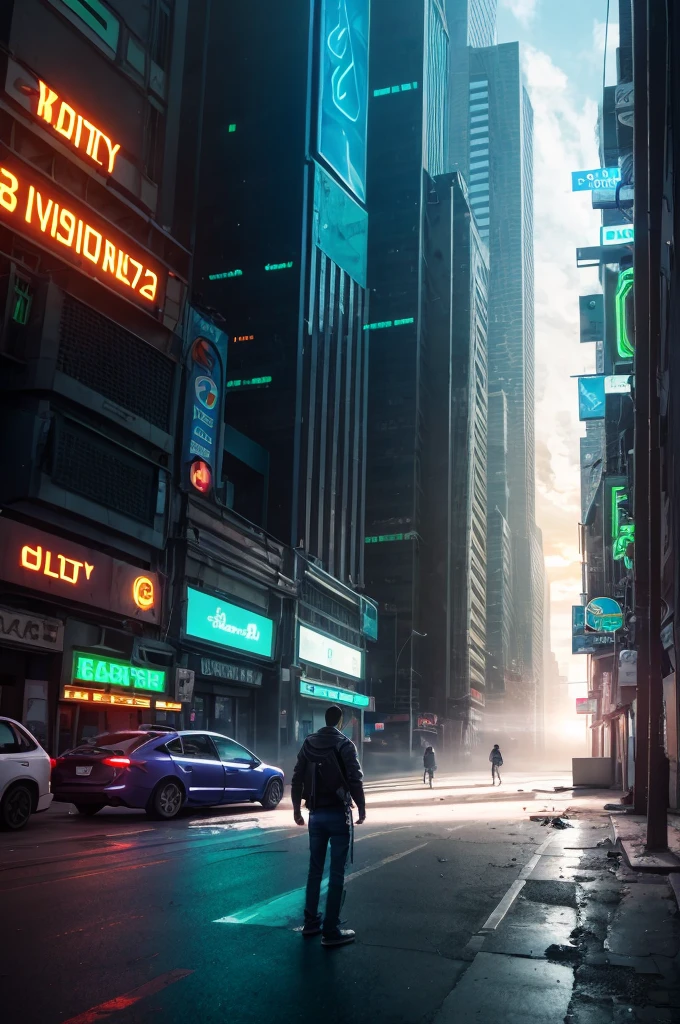 Young, broken and sad adult man, futuristic city, dirty street with paper on the floor, other robots in the background, cars, green and blue neon lights, sunrise, cold, fog