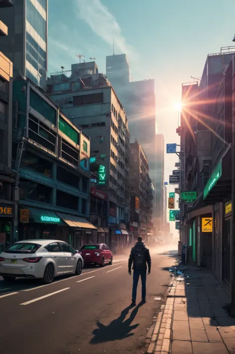 young, broken and sad adult man, futuristic city, dirty street with paper on the floor, other robots in the background, cars, gr...