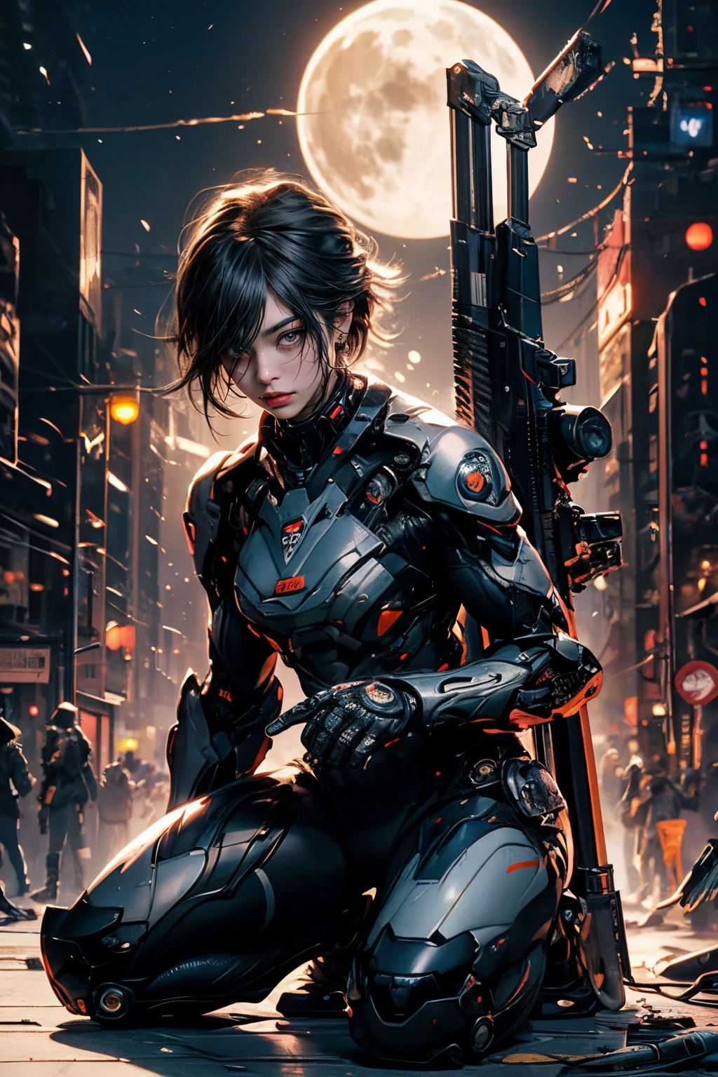 CG Mecha, Beautiful eyes, Upper body, Mechanic Armor, Portrait,jet suit、flying though the air、patrol、 police officers、flawless、Neon light, 8K, raw, Best Quality, masutepiece, 超A high resolution, Colorful, (medium wide shot), (Dynamic perspective), foco nítido , (depth of fields, Bokeh:1.3), extremely detailed eye and face,ninjartist, Beautiful detailed eyes、Black gold, Trimmed gear:1.2), ((masutepiece, Best Quality)), Detailed background, Inside the spacecraft、Hold your weapon、（Gray hair）、brue eyes、poneyTail、dirty、bio luminescent、fullmoon、Photographed with Canon R5、Get down on one knee、Dark Fantasy,​masterpiece,connected to the plug、spectrum