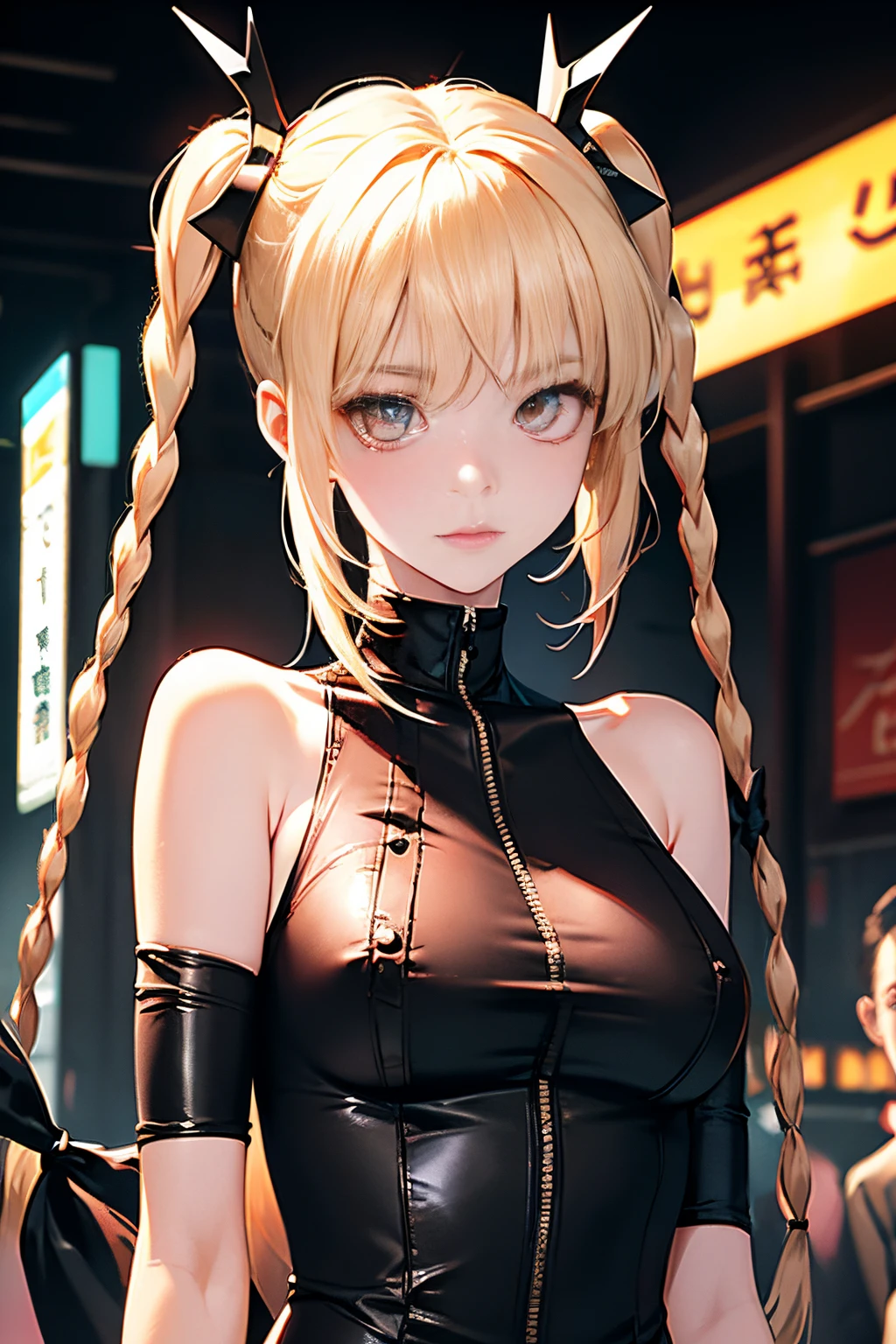 optimum，tmasterpiece，hight resolution，best qualtiy，hyper HD，super detailing，awardwinning，16K，solo，（The upper part of the body），anatomy correct，Beautiful Cyberpunk Girl，Cowboy Shot、cute  face，，a blond、Longhaire、Twin-tailed、Braids, Hairline，（（scarlet eyes）），long eyelasher，Hanging eye corners，White skin of the，((toppless)), (I can see my nipples), Sheer breasts, (I can see my nipples), Sheer breasts, radiant eyes、Rocket , （Slim body），