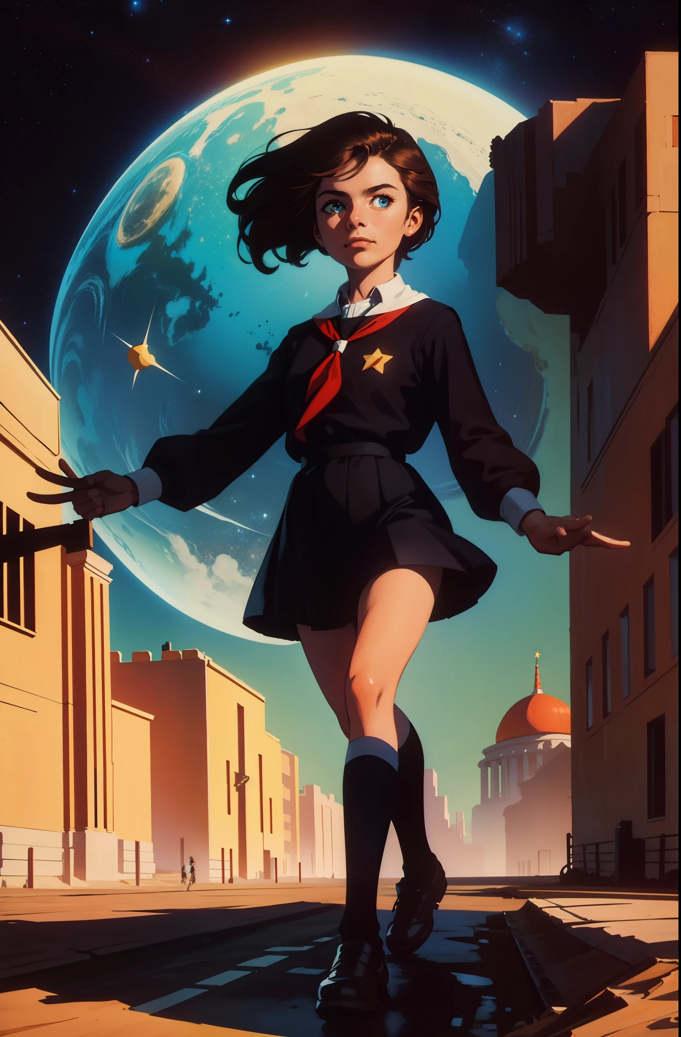 Masterpiece , minimalistic poster art, digital painting, (happy colorful epic:1.2), full body, beautiful 20 years old student girl walking in to camera , short brown hair, blue eyes, long black dress school uniform, red scout tie, (masterpiece art  background:1), CCDDA Artstyle, soviet retrofuturism, communism, utopia, human progress, spaceships, distant planets, stars,  highly detailed,