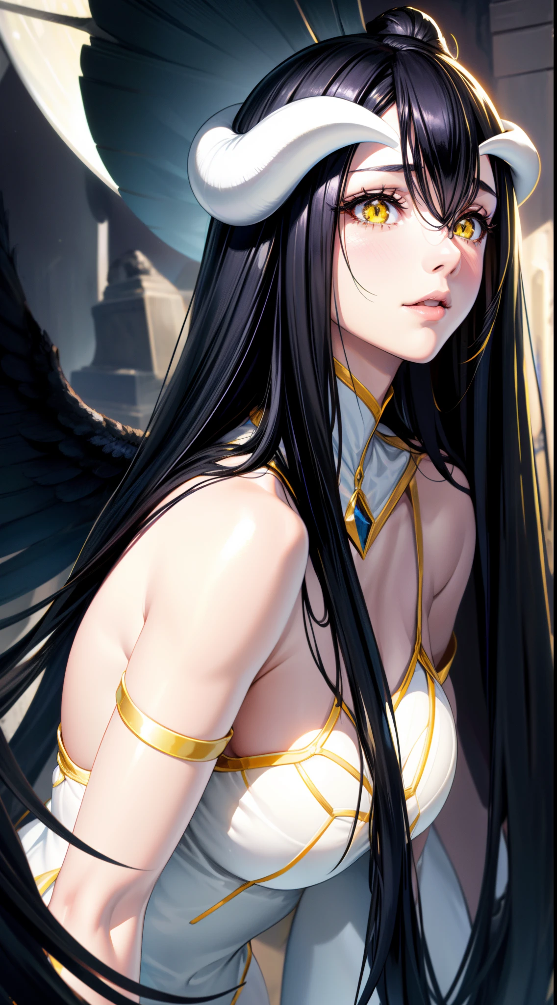 focused to upper body, realistic, 1girl, long black hair, sparkling yellow eyes, white dress, standing pose, tomb background, horn, perfect limbs,