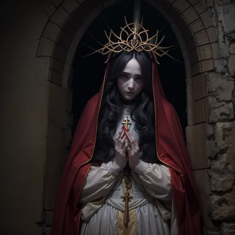 monja de sangre,oscuro y tetrico ambiente,iglesia vieja con cristaleras biblicas,mujer hermosa con ojos rojos y penetrantes,1muj...