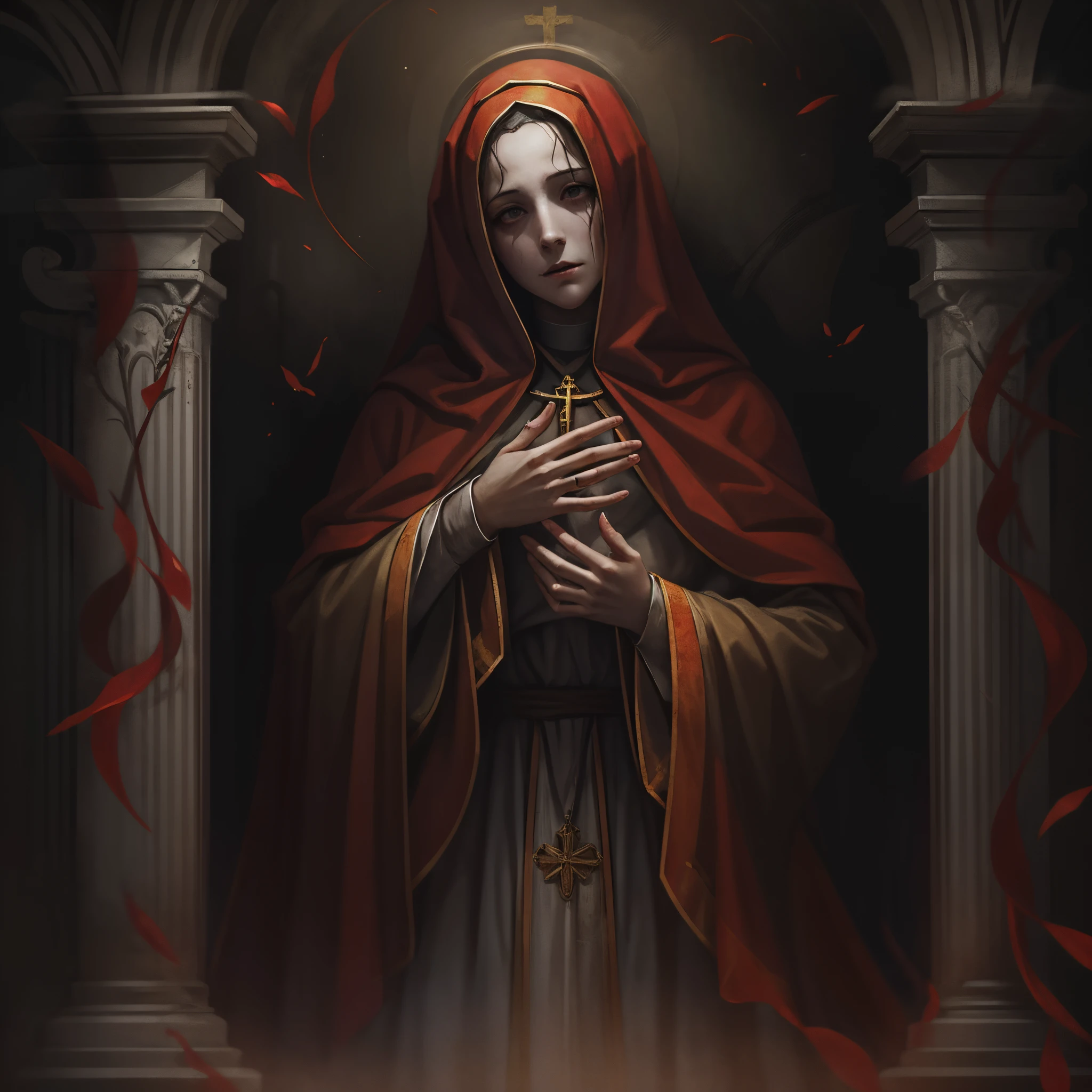 Monja de sangre,oscuro y tetrico ambiente,iglesia vieja con cristaleras biblicas,mujer hermosa con ojos rojos y penetrantes,1mujer rodeada de espiritus etereos,oscuridad eterna y profunda,fantasmas penitentes,grupo de espiritus humanoides