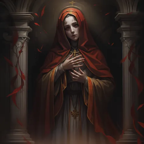 monja de sangre,oscuro y tetrico ambiente,iglesia vieja con cristaleras biblicas,mujer hermosa con ojos rojos y penetrantes,1muj...