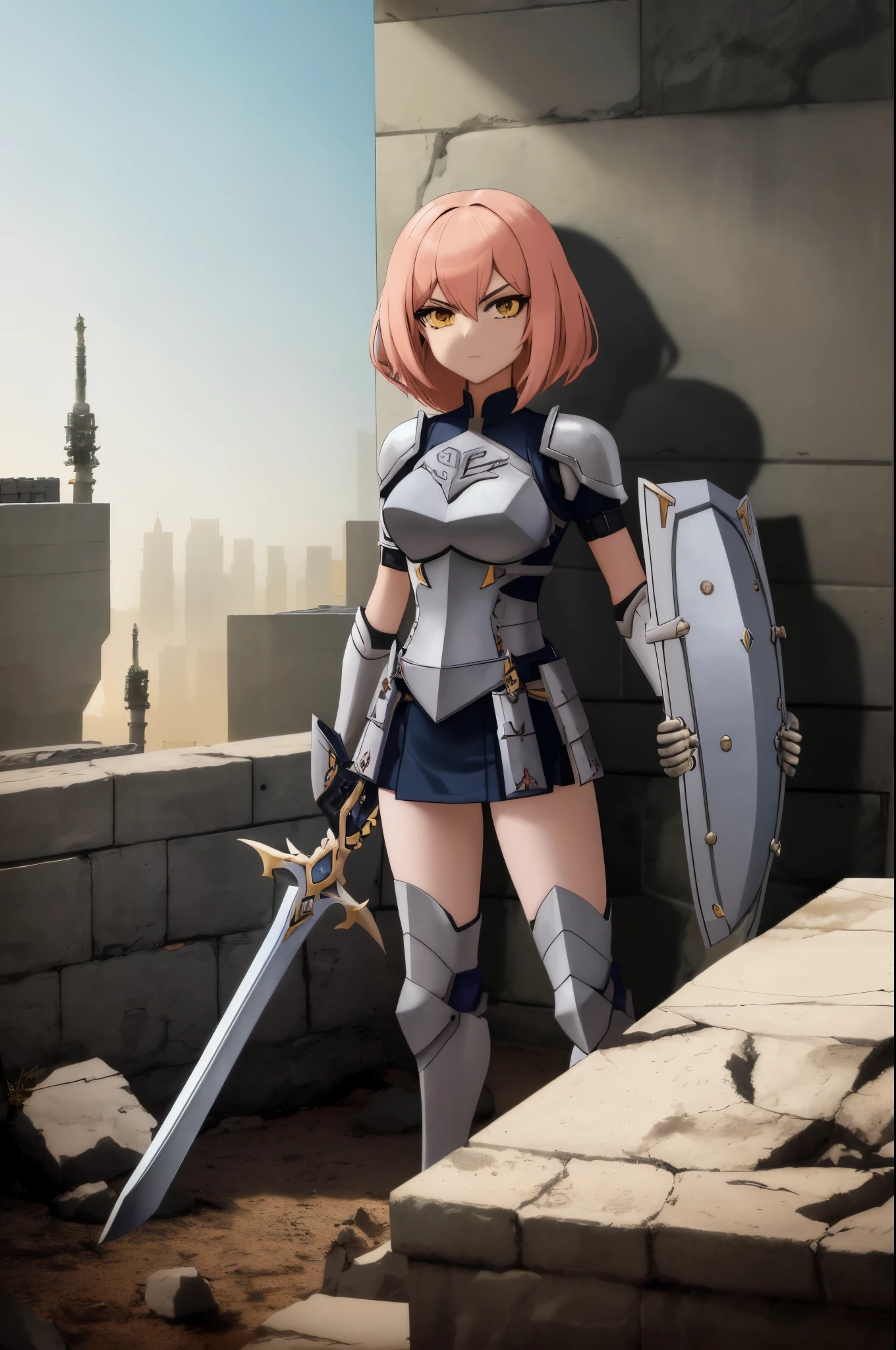 A woman in armor standing on a ledge with a sword - SeaArt AI